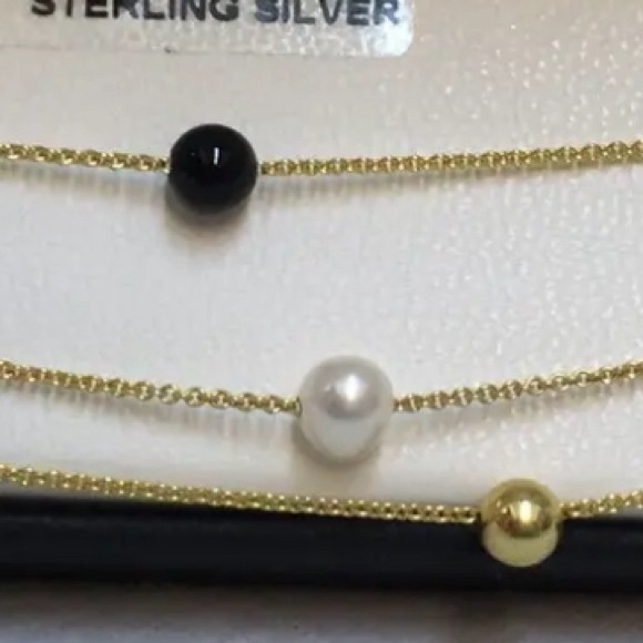 Giani Bernini 3 Piece Set Onyx & Freshwater Pearl Bead Chain Bracelets 18k Gold - Picture 3 of 3